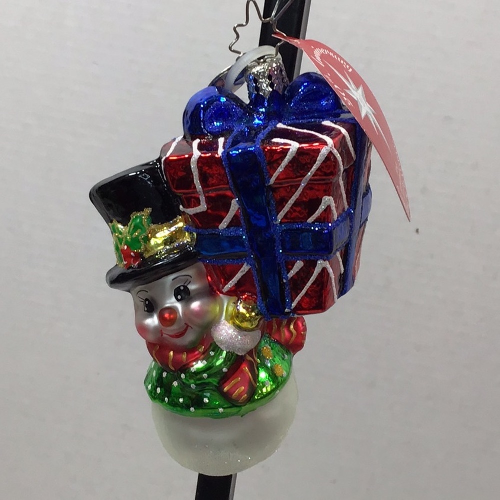 Christopher Radko Silver Drifty Snowman with Red and Blue Gift Ornament